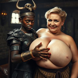 Inside a medieval brothel, an intense scene features a young African woman, aged 20, who is notably short and malnourished, with very dark skin, yellowish and red eyes, and a fierce, demonic expression