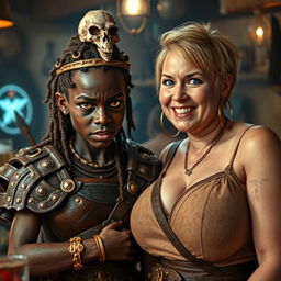 In a medieval bar, a young African woman who is very short and undernourished, around 20 years old, with very dark skin and demonic yellow and red eyes, has an angry expression