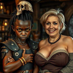 In a medieval bar, a young African woman who is very short and undernourished, around 20 years old, with very dark skin and demonic yellow and red eyes, has an angry expression