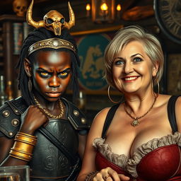 In a medieval bar, a young African woman who is very short and undernourished, around 20 years old, with very dark skin and demonic yellow and red eyes, has an angry expression
