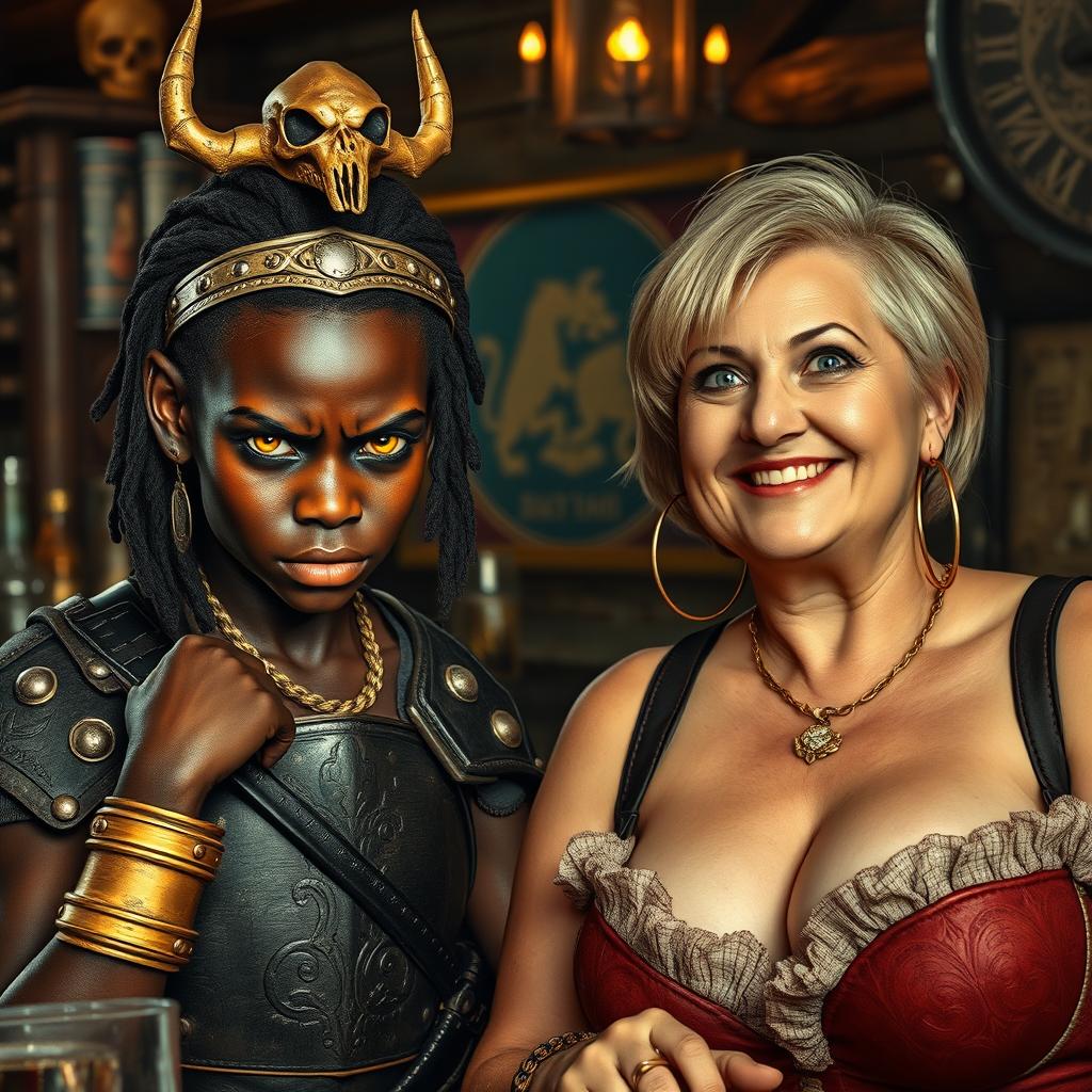In a medieval bar, a young African woman who is very short and undernourished, around 20 years old, with very dark skin and demonic yellow and red eyes, has an angry expression