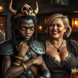 In a medieval bar, a young African woman who is very short and undernourished, around 20 years old, with very dark skin and demonic yellow and red eyes, has an angry expression