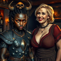 A mystical medieval bar scene featuring a young African woman, 20 years old, with very dark skin, yellowish-red eyes giving a demonic appearance, looking menacing