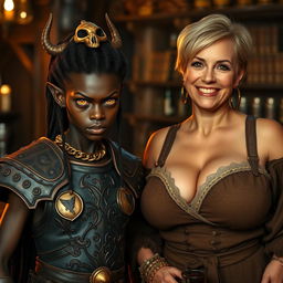 A mystical medieval bar scene featuring a young African woman, 20 years old, with very dark skin, yellowish-red eyes giving a demonic appearance, looking menacing