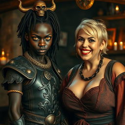 A mystical medieval bar scene featuring a young African woman, 20 years old, with very dark skin, yellowish-red eyes giving a demonic appearance, looking menacing