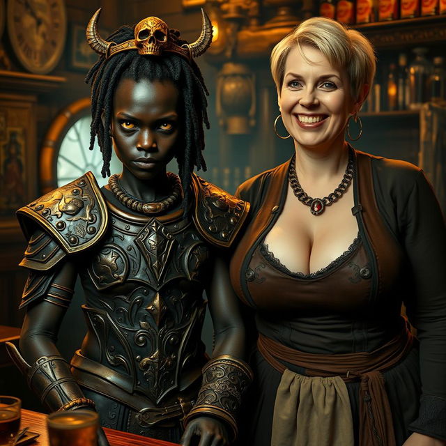 A mystical medieval bar scene featuring a young African woman, 20 years old, with very dark skin, yellowish-red eyes giving a demonic appearance, looking menacing