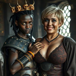 Inside a medieval bordello, a dramatic scene unfolds featuring a young African woman, 20 years old, with very dark skin and striking yellowish-red eyes, exuding a demonic presence and looking fiercely angry
