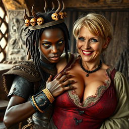 Inside a medieval bordello, a dramatic scene features a young African woman, 20 years old, with very dark skin and striking yellowish-red eyes, exuding a fierce and demonic presence