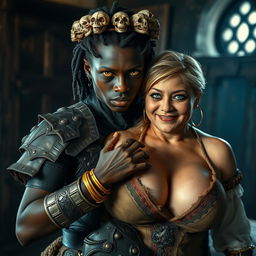 Inside a medieval bordello, a dramatic scene features a young African woman, 20 years old, with very dark skin and striking yellowish-red eyes, exuding a fierce and demonic presence