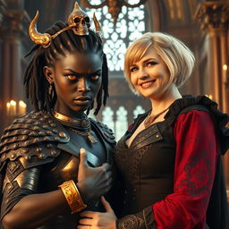 Inside a grand medieval palace, the scene depicts a young African woman, 20 years old, with very dark skin and striking yellowish-red eyes, exuding a fierce demonic aura as she displays an angry expression