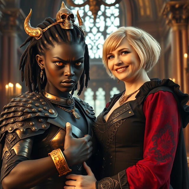 Inside a grand medieval palace, the scene depicts a young African woman, 20 years old, with very dark skin and striking yellowish-red eyes, exuding a fierce demonic aura as she displays an angry expression