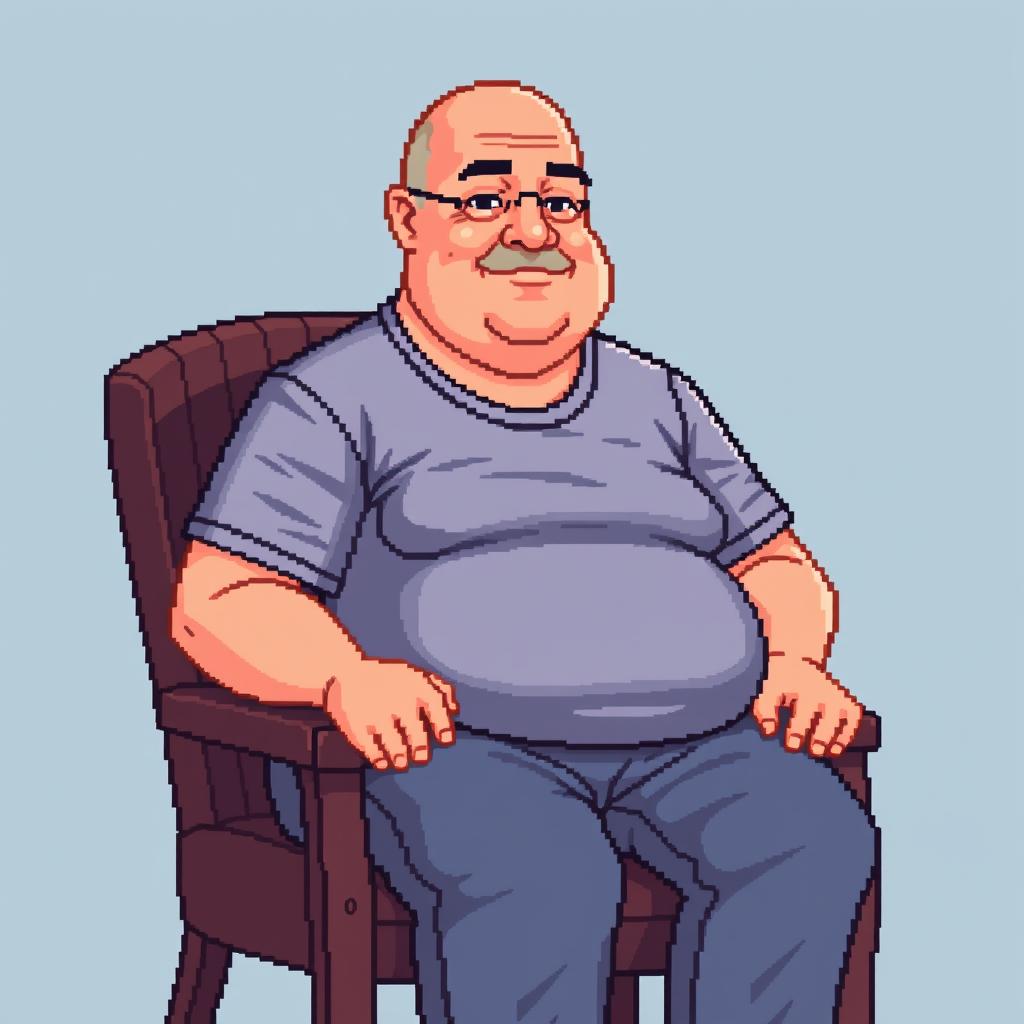 A pixel art depiction of a 40-year-old bald, overweight man sitting in a chair, wearing a t-shirt and pants