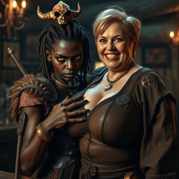 Inside a medieval bar, a striking scene unfolds featuring a young African woman, 20 years old, with very dark skin and piercing yellowish-red eyes, giving off a fierce demonic aura