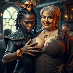 Inside a medieval bar, a striking scene unfolds featuring a young African woman, 20 years old, with very dark skin and piercing yellowish-red eyes, giving off a fierce demonic aura