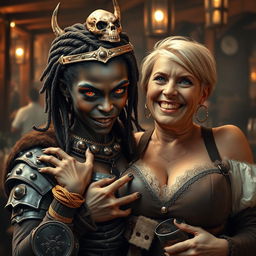 In a lively medieval bar, a fierce scene unfolds featuring a young African woman, 20 years old, with very dark skin and striking yellowish-red eyes, exuding a demonic and angry demeanor