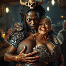 In a lively medieval bar, a fierce scene unfolds featuring a young African woman, 20 years old, with very dark skin and striking yellowish-red eyes, exuding a demonic and angry demeanor