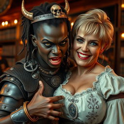In a lively medieval bar, a fierce scene unfolds featuring a young African woman, 20 years old, with very dark skin and striking yellowish-red eyes, exuding a demonic and angry demeanor