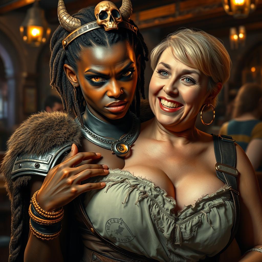 In a lively medieval bar, a fierce scene unfolds featuring a young African woman, 20 years old, with very dark skin and striking yellowish-red eyes, exuding a demonic and angry demeanor