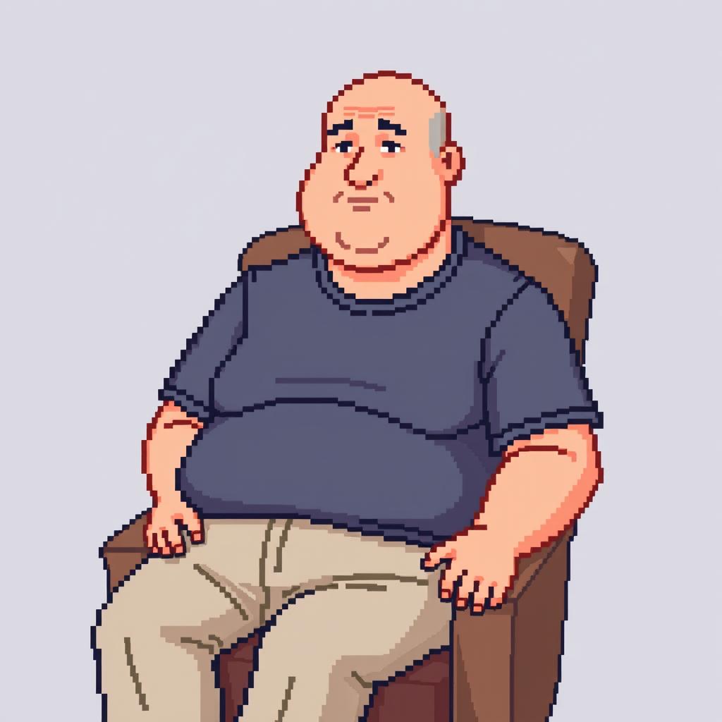 A pixel art depiction of a 35-year-old bald, overweight man sitting in a chair, wearing a t-shirt and pants