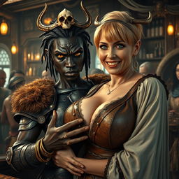 In a bustling medieval bar, a dramatic scene unfolds featuring a young African woman, 20 years old, with very dark skin and distinct yellowish-red eyes, showcasing a demonic and fierce expression complemented by an unusually large nose