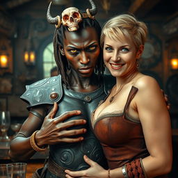 In a bustling medieval bar, a dramatic scene unfolds featuring a young African woman, 20 years old, with very dark skin and distinct yellowish-red eyes, showcasing a demonic and fierce expression complemented by an unusually large nose