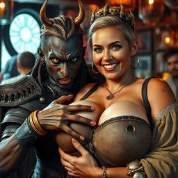 In a vibrant medieval bar setting, a captivating scene is portrayed featuring a young African woman, 20 years old, with deep black skin, striking yellowish-red eyes, and a notably large nose, presenting a fiercely demonic expression