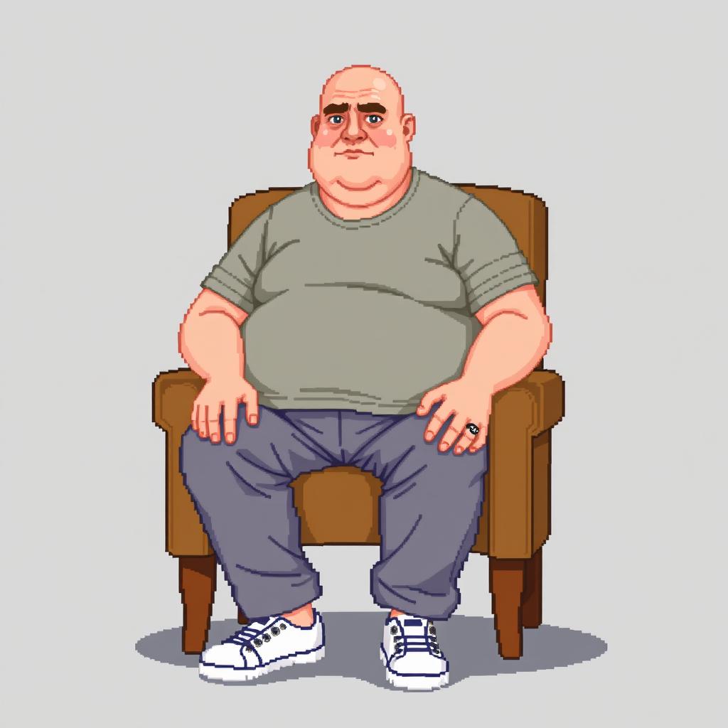 A pixel art depiction of a 35-year-old bald, overweight man sitting in a chair, wearing a t-shirt and pants