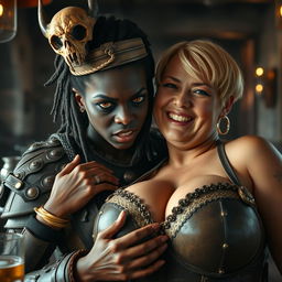 Inside a medieval bar, a striking scene features a young African woman, 20 years old, with deep black skin and distinct yellowish-red eyes, projecting a demonic and fierce expression