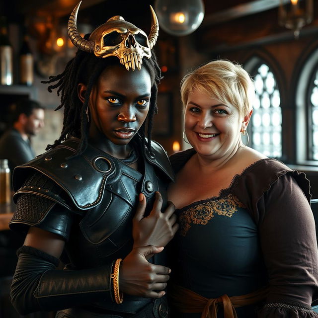 Inside a medieval bar, a striking scene features a young African woman, 20 years old, with deep black skin and distinct yellowish-red eyes, projecting a demonic and fierce expression