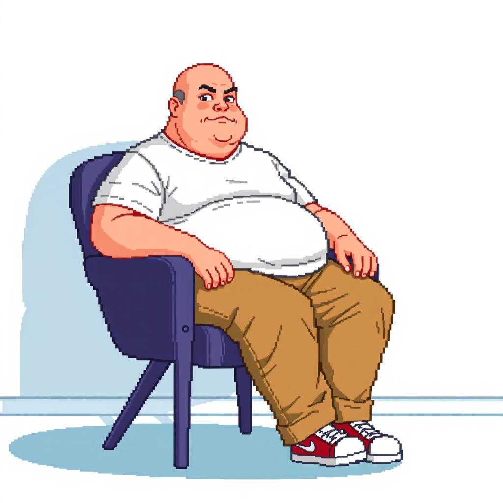 A pixel art depiction of a 35-year-old bald, overweight man sitting in a chair, wearing a t-shirt and pants, similar to the previous reference
