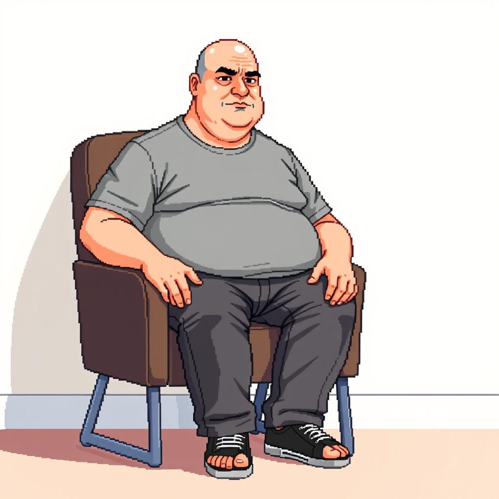 A pixel art depiction of a 35-year-old bald, overweight man sitting in a chair, wearing a t-shirt and pants