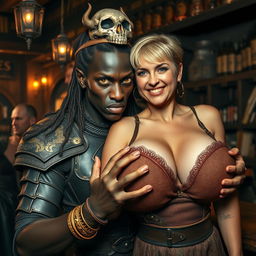 Inside a lively medieval bar, a striking scene features a young African woman, 20 years old, with deep black skin and piercing yellowish-red eyes that exude a demonic intensity