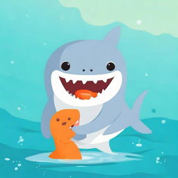 A friendly shark gently holding a cute baby in its fins. The baby is joyfully eating a bright orange carrot.