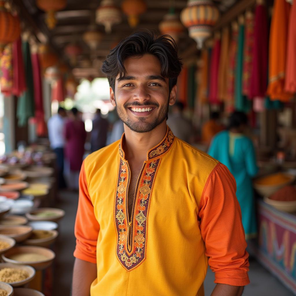 A young Indian man with dark hair and warm brown skin, wearing a traditional kurta in vibrant colors, standing confidently with a slight smile