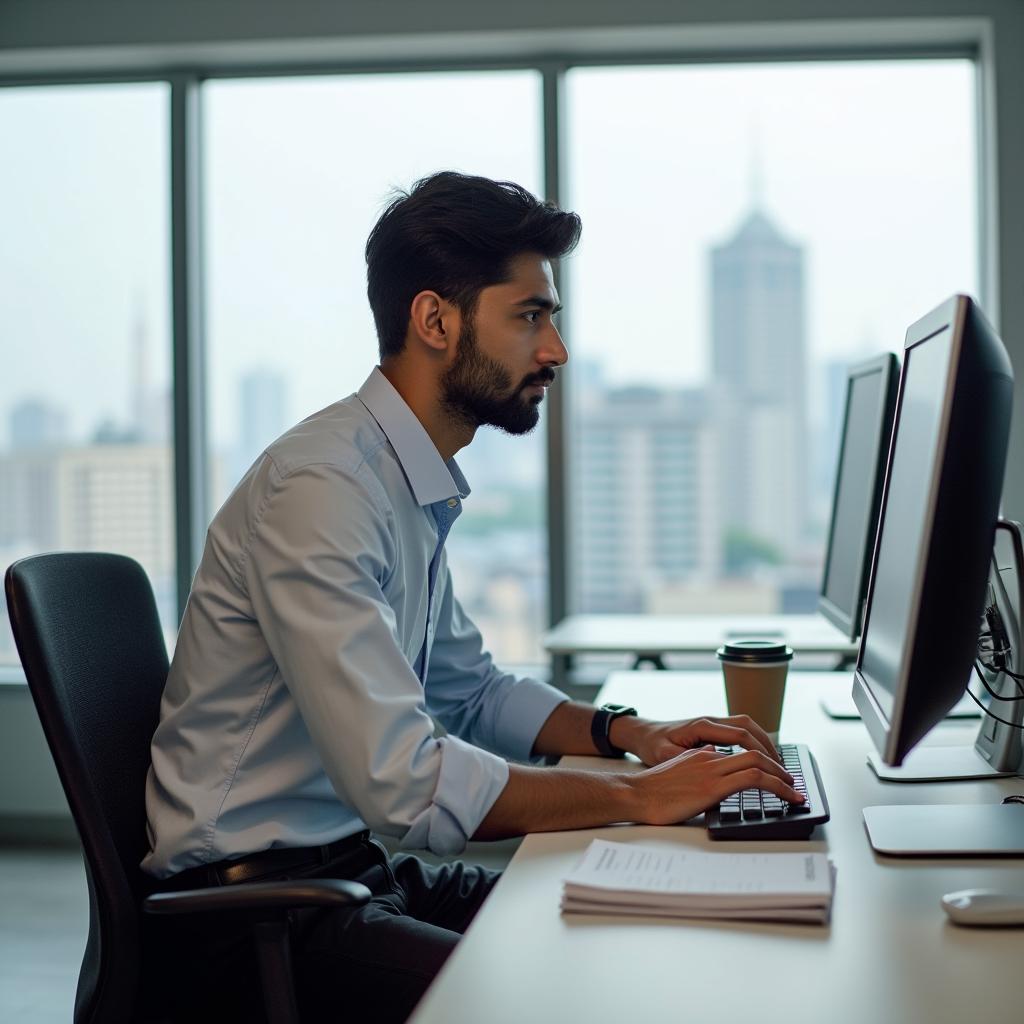 A young Indian man working in a modern office environment, dressed in business casual attire with a neatly ironed shirt and slacks