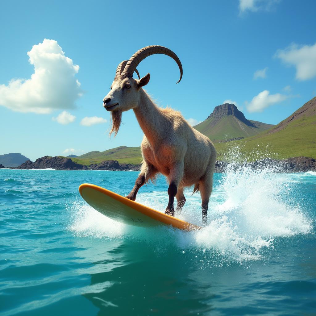 A whimsical scene featuring a Burmese mountain goat confidently balancing on a surfboard riding the waves of the beautiful Galapagos Islands