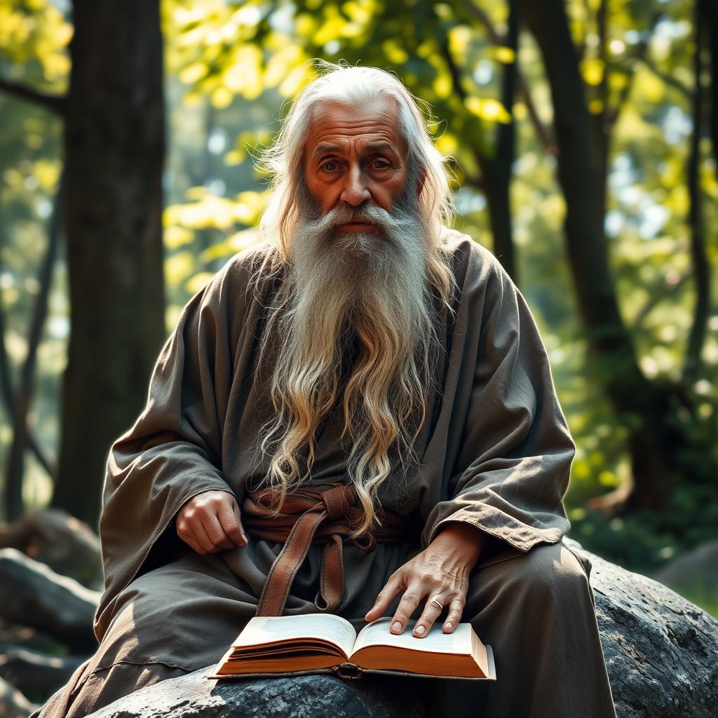 A wise, old man with a long, white beard and deep-set, contemplative eyes