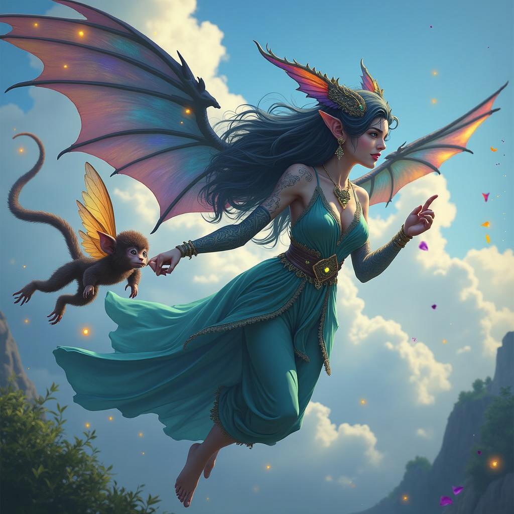 A magical scene featuring a captivating D&D Hexblood tiefling woman with iridescent dragon wings, wearing an elegant, flowing teal dress that shimmers in the light