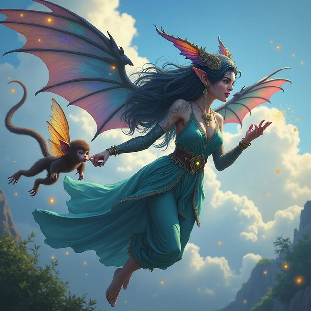 A stunning D&D Hexblood tiefling woman with iridescent dragon wings, elegantly dressed in a flowing gown in rich jewel tones, holding a massive staff made of a sparkling crystal eggplant