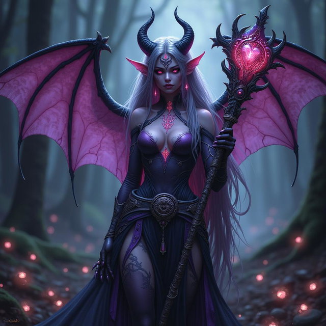 A striking female Hexblood tiefling with elegant bat wings, embodying a mystique aura, stands confidently