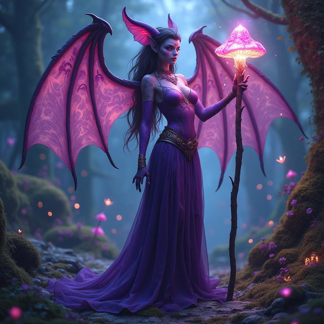 A mesmerizing female Hexblood tiefling with bat-like wings, showcasing vibrant, intricate patterns