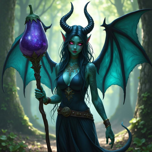 A female D&D Hexblood tiefling with striking bat wings, showcasing her unique appearance with teal skin and intricate glowing tattoos