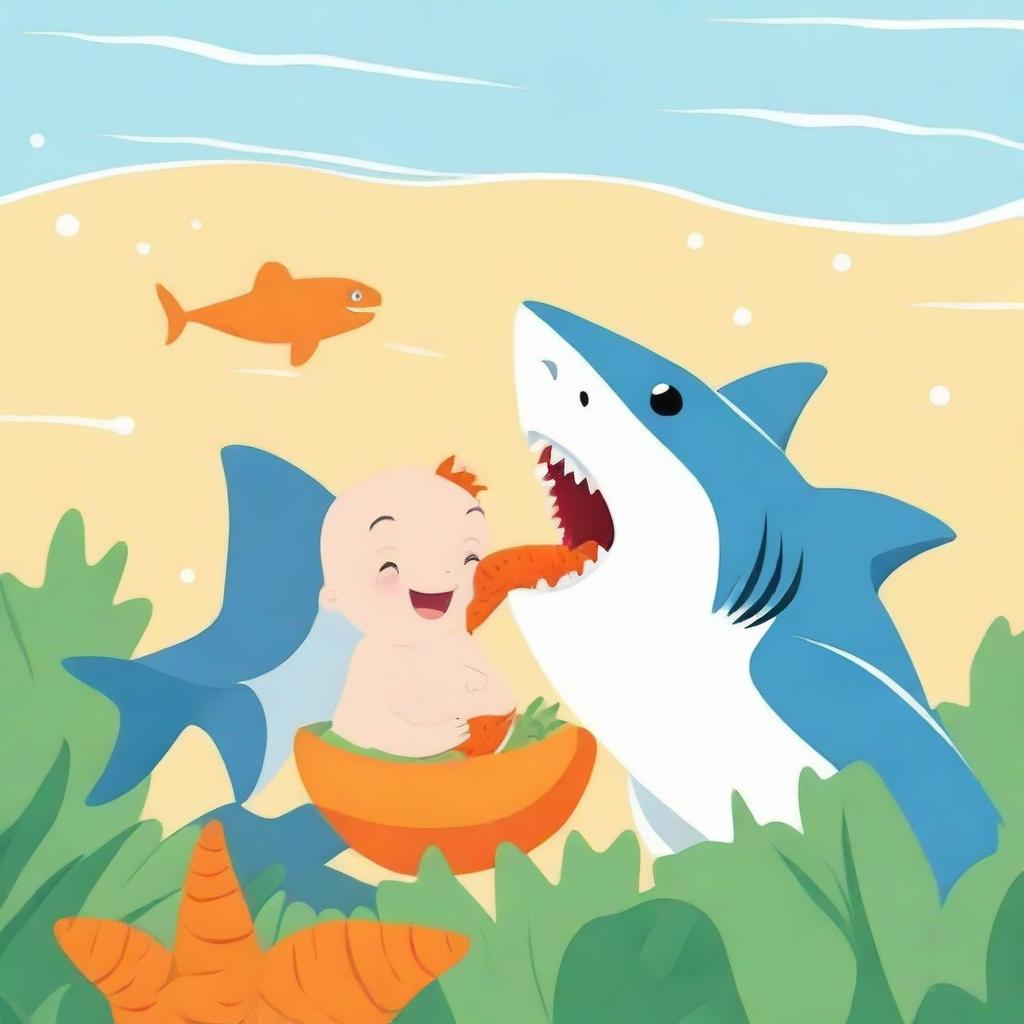 A friendly shark gently holding a cute baby in its fins. The baby is joyfully eating a bright orange carrot.