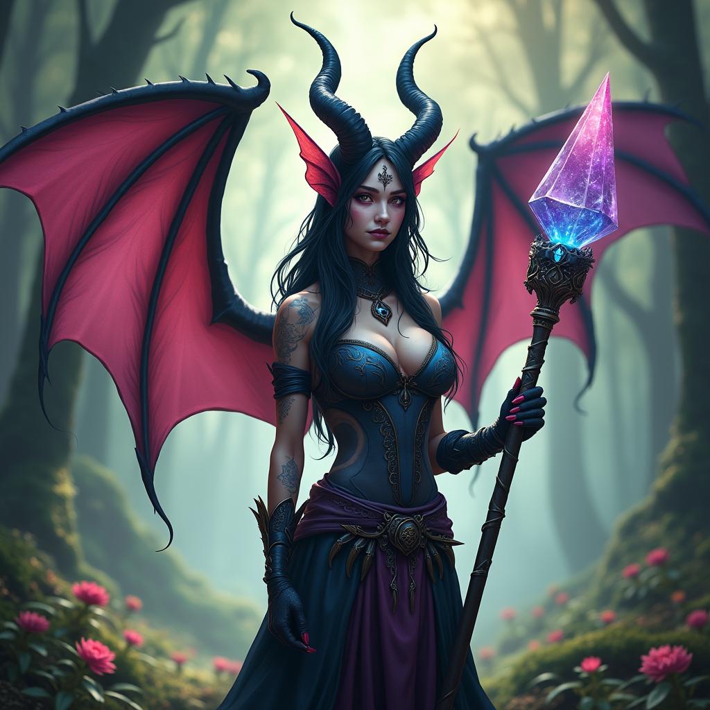 A striking female D&D Hexblood tiefling with dark, ethereal skin and intricate tattoos, showcasing bat-like wings that extend majestically from her back
