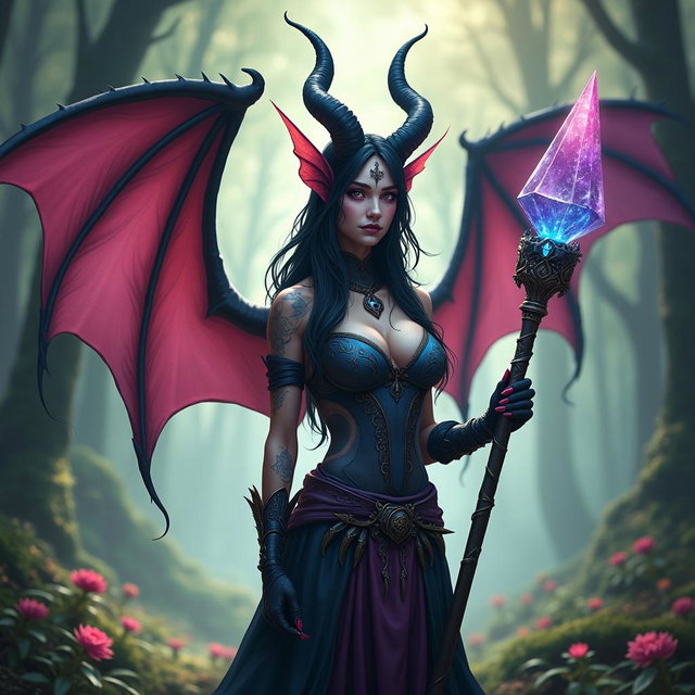 A striking female D&D Hexblood tiefling with dark, ethereal skin and intricate tattoos, showcasing bat-like wings that extend majestically from her back