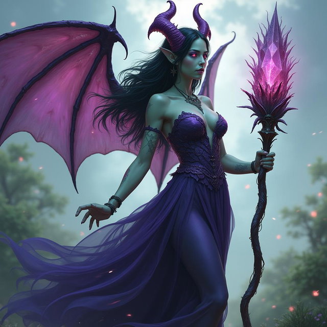 A striking D&D Hexblood tiefling woman with intricate bat wings, dressed in a flowing, ethereal gown in deep shades of purple and green