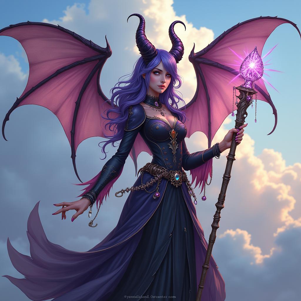 A fantastical illustration of a female D&D Hexblood tiefling, featuring intricate bat wings that shimmer with iridescence