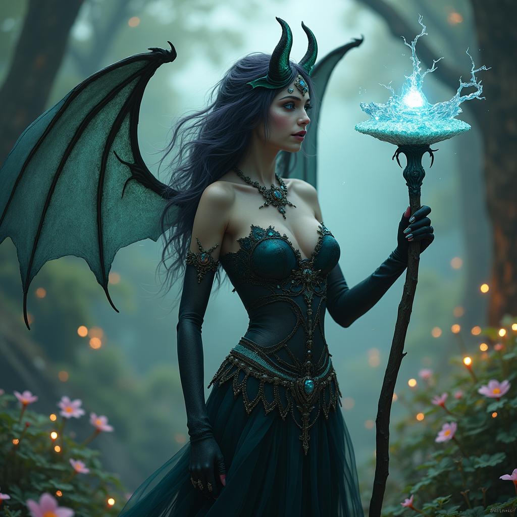 A mystical female Hexblood tiefling with bat wings, elegantly adorned in intricately designed clothing that complements her ethereal beauty