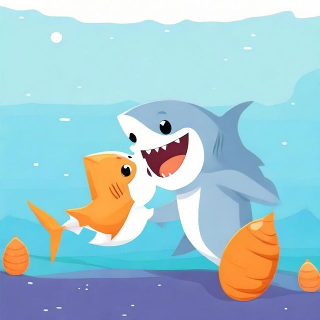 A friendly shark gently holding a cute baby in its fins. The baby is joyfully eating a bright orange carrot.