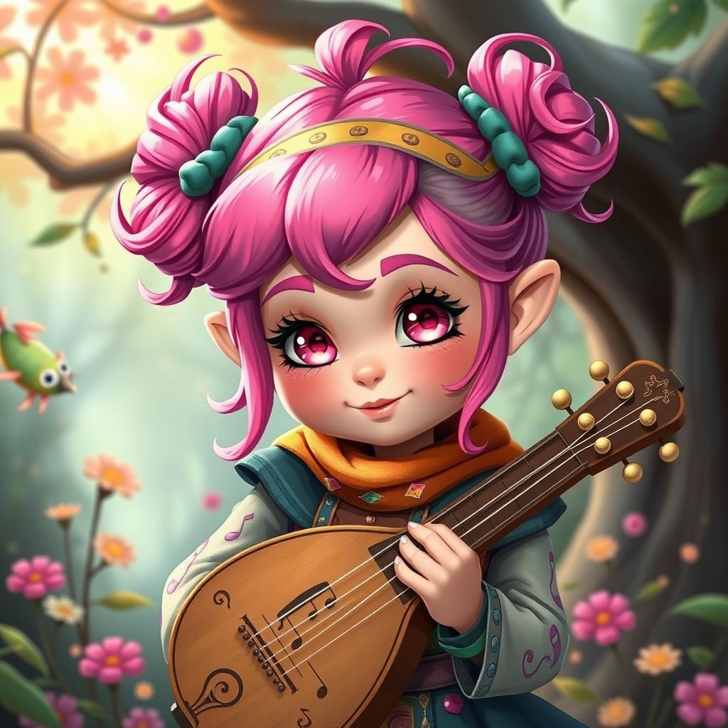 A young female gnome bard with vibrant pink hair styled in fun buns, showcasing her playful personality